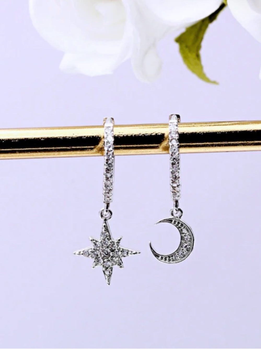18k White Gold Plated CZ Moon & Star Dangle Hoop Earrings. Sparkling Celestial.